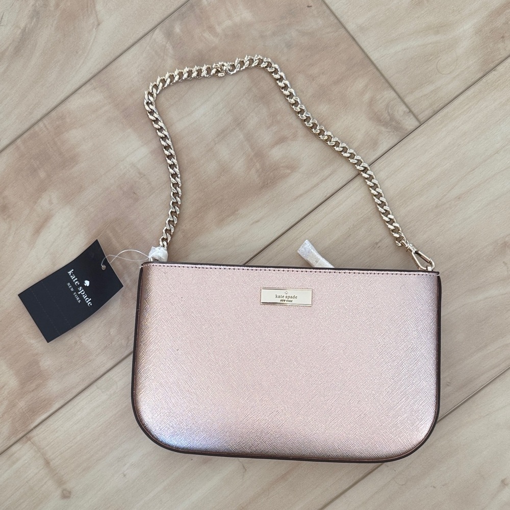 Kate Spade Lilly Pochette Metallic Pink Clutch with Gold Chain NWT